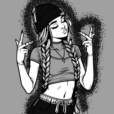 realistic teenage girl with braids and a beanie and crop top doing 🫶🏼