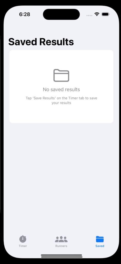 XC & Track Timer - Tela de resultados salvos dentro do aplicativo móvel XC e Track Timer