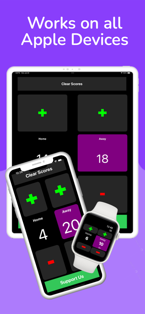 ScoreBoard & Point Counter App - ScoreBoard 앱 사용자 인터페이스가 iPad, iPhone 및 Apple Watch 화면에 표시됨.