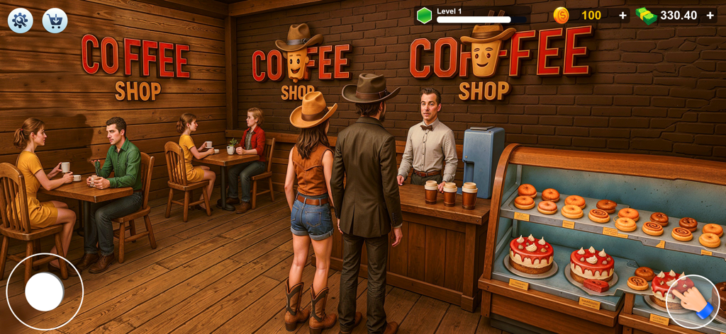 Cafe Shop Coffee Simulator - A western themed coffee shop interior with customers a barista and a display of donuts and cakes