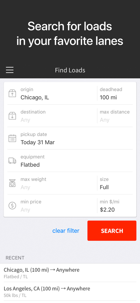 Doft Load Board, Truck Loads - Doft app interface showing load search filters for origin Chicago and flatbed equipment