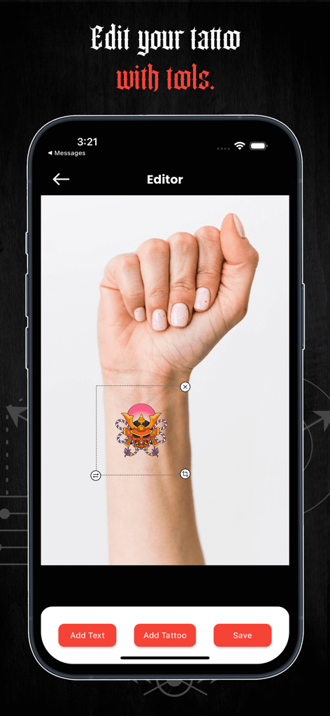 AI Tattoo Ink Design - A samurai mask tattoo design being edited and placed on a wrist using the AI Tattoo Ink Design app interface.