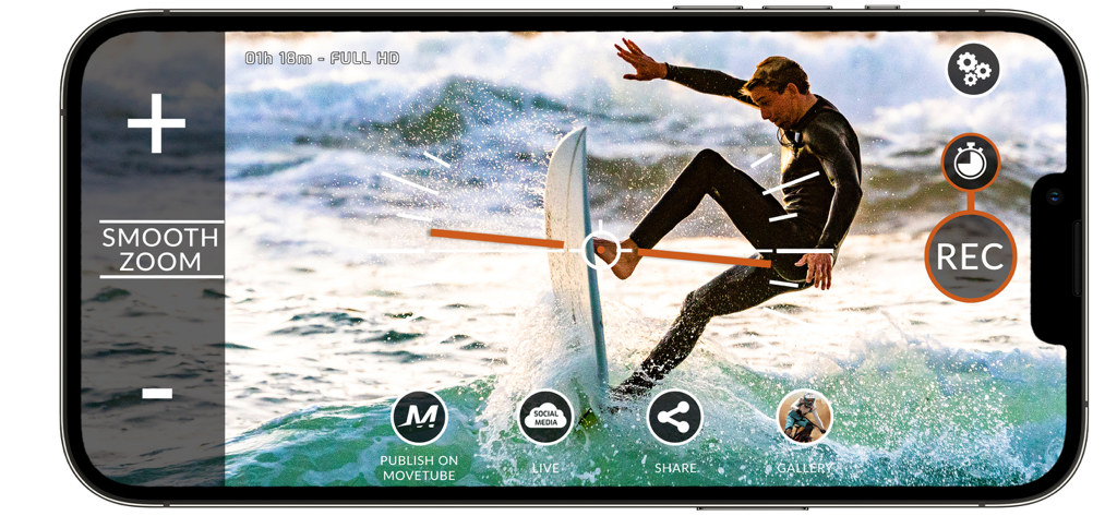PIXEM Camera - PIXEM Camera app interface recording a surfer with smooth zoom and horizontal level indicators
