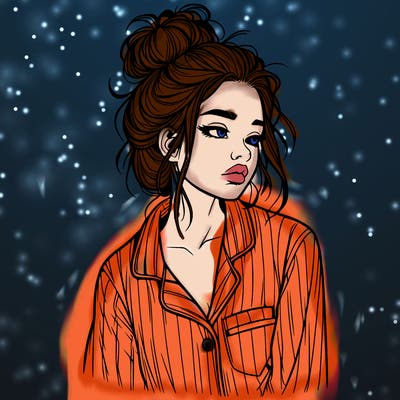 realistic woman with pajamas on and a messy bun