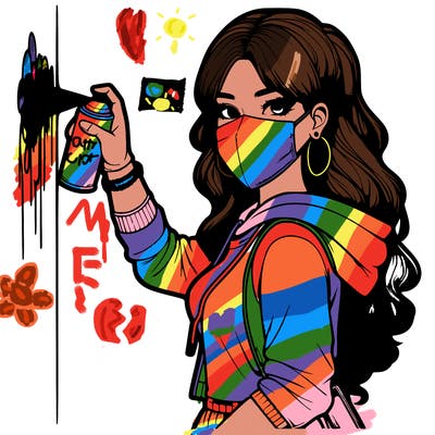 realistic girl with mask spray painting a wall