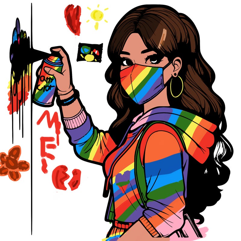 realistic girl with mask spray painting a wall