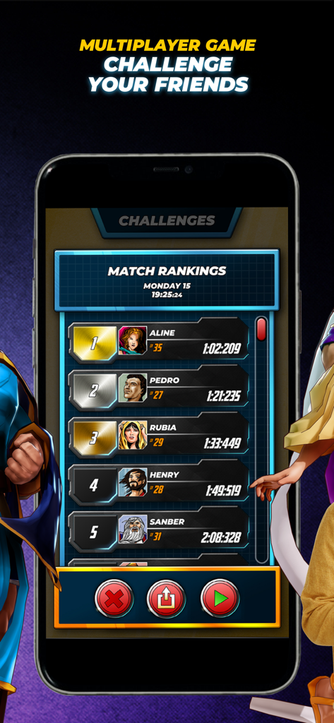 Leaderboard showing match rankings and a challenge your friends feature in the Bible Trivia Game Heroes.
