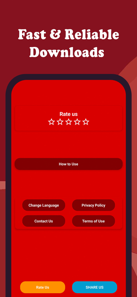 Pinterest Video Downloader app menu showing settings support and rating options