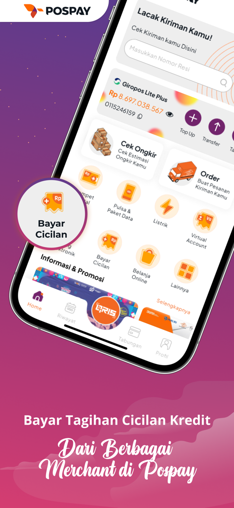 POSPAY mobile app dashboard showing options for bill payments and shipment tracking in Indonesia