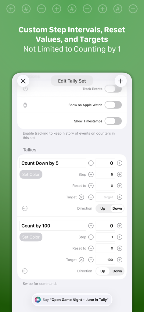 Tally • Quick Counter - The Edit Tally Set screen in Tally showing options for custom step intervals targets and Apple Watch integration
