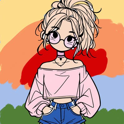 girl with a messy ponytail glasses a baggy crop top and jean shorts