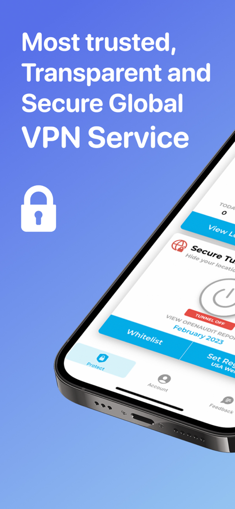 Interface of the Lockdown Privacy app highlighting its secure and transparent global VPN service