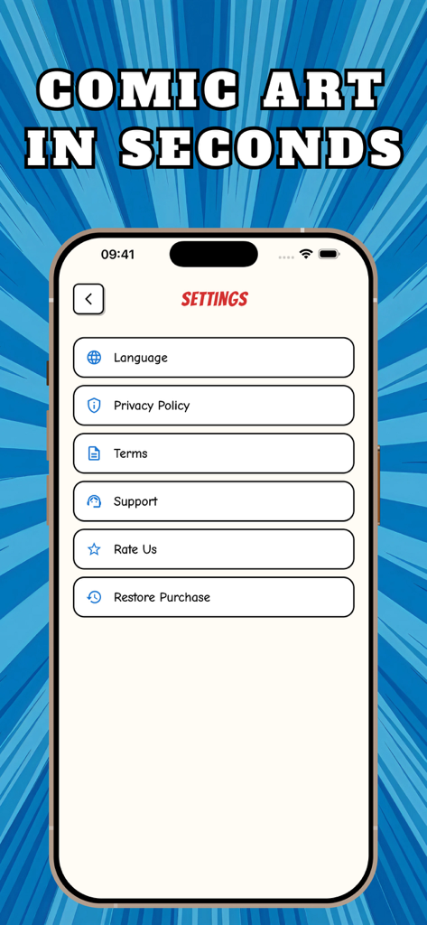 KAI webtoon comic maker - KAI Webtoon Comic Maker app settings menu on an iPhone with a comic art in seconds headline
