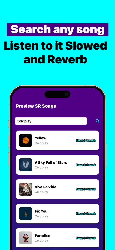Slowed and Reverb Player | SR - Search screen of the Slowed and Reverb Player app featuring a list of Coldplay songs with applied effects.