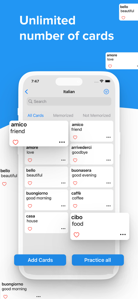 Flashcards World - AI Cards - Mobile app screen showing Italian language flashcards with an option to practice all cards