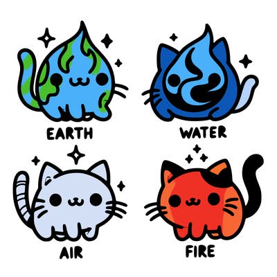 4 cats that represent the different elements, earth, water, air, and fire