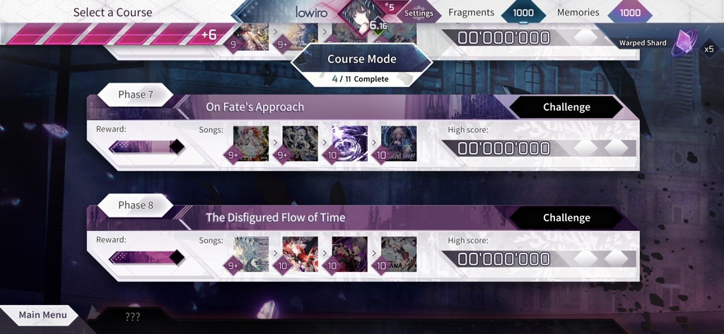 Course Mode selection screen in Arcaea rhythm game showing Phase 7 and Phase 8 challenge levels with associated songs and rewards.