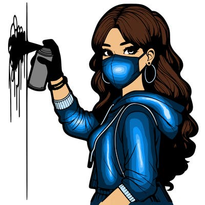 realistic girl with mask spray painting a wall