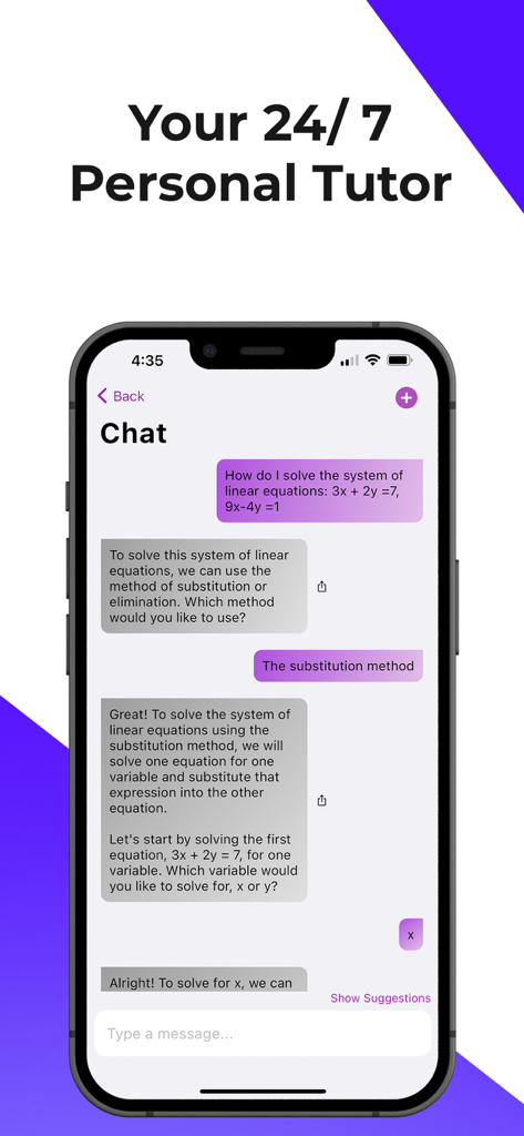 ScanSolve app interface showing a 24/7 AI tutor helping a student solve a system of linear equations in a chat window