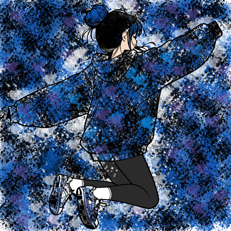 realistic girl jumping with a bun and oversized sweatshirt