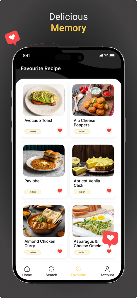 아보카도 토스트, 치킨 커리와 같은 저장된 요리 그리드를 보여주는 즐겨찾는 레시피 섹션 모바일 앱 화면