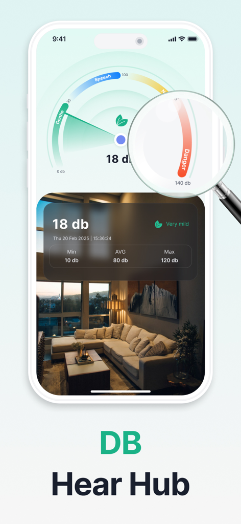 WaveTune - Speaker Cleaner - Interfaz del medidor de decibelios DB Hear Hub de la app WaveTune mostrando un medidor de decibelios ambiental y análisis del nivel de ruido