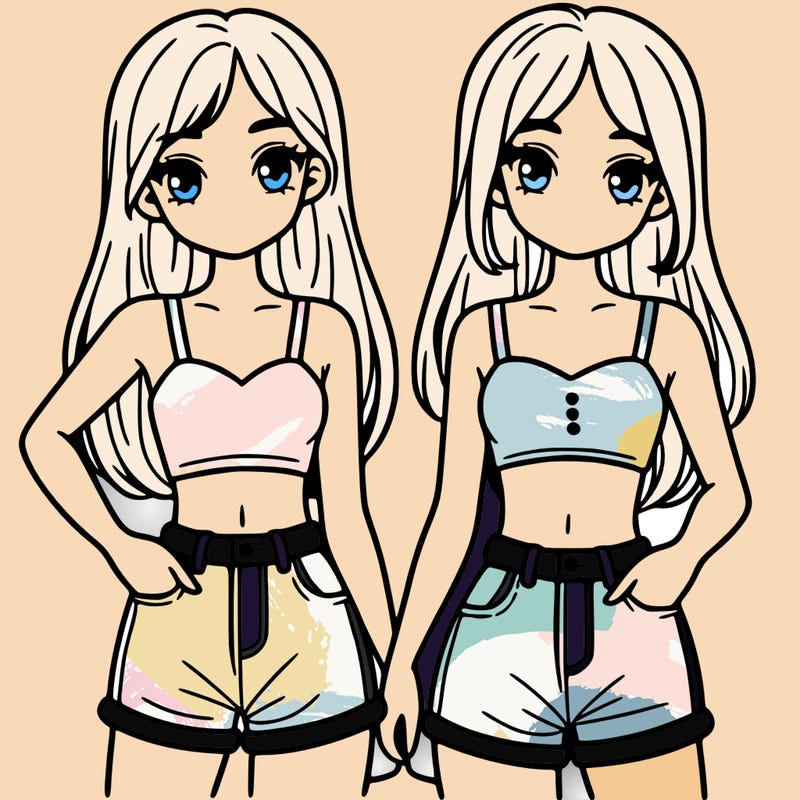two sisters with crop tops and jean shorts and straight hair