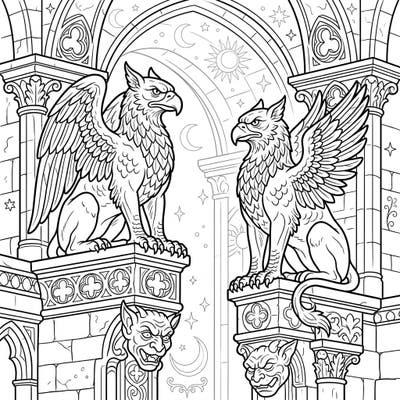 Step into a world of gothic fantasy with our magnificent Gargoyle Griffins coloring page, specially designed for seniors. Enjoy clear, bold lines and engaging architectural details for a relaxing and rewarding coloring experience.