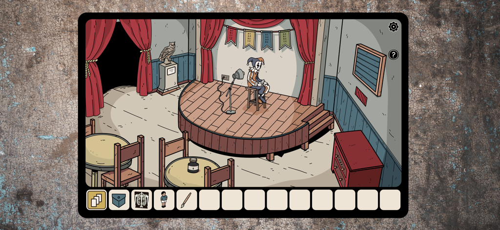 Hidden Memories - A theater stage with a jester character and red curtains in the game Hidden Memories