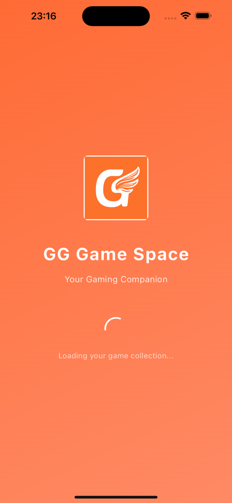GG Game Space splash screen featuring the app logo and loading your game collection message on an orange background