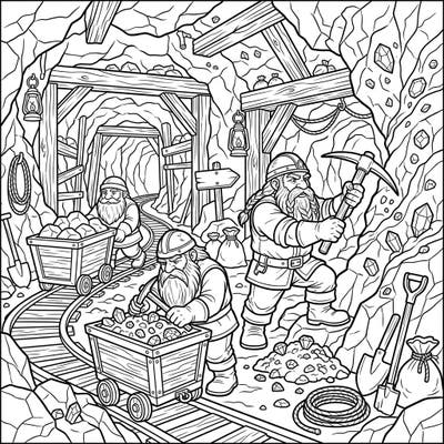 Step into a world of underground exploration with this captivating Dwarf Miners coloring page. Designed with seniors in mind, its clear lines and engaging details promise a relaxing and rewarding creative escape.