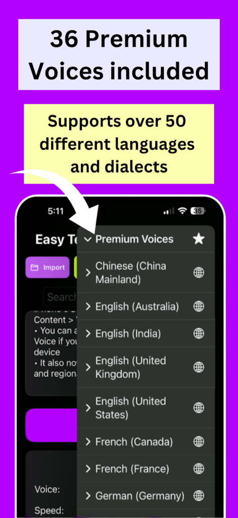 Easy Text to Speech Reader Pro - Captura de pantalla que muestra una selección de voces premium en múltiples idiomas y dialectos en la aplicación Lector Fácil de Texto a Voz Pro.