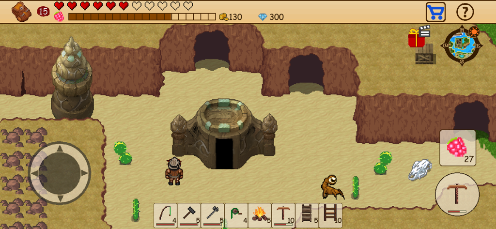 Survival RPG: Open World Pixel - A 2D pixel art character explores a desert map with caves and structures in Survival RPG Open World