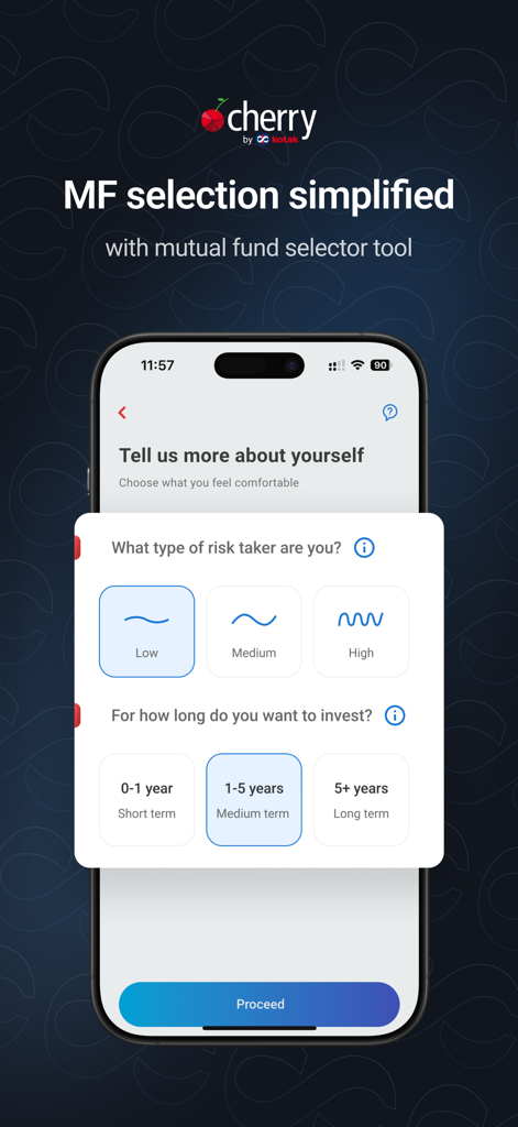 Kotak Cherry: MFs, SIPs - Kotak Cherry app screen showing the mutual fund selector tool with options for risk level and investment duration