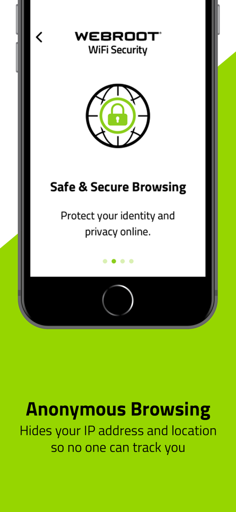 Webroot WiFi Security app interface highlighting anonymous browsing and identity protection features