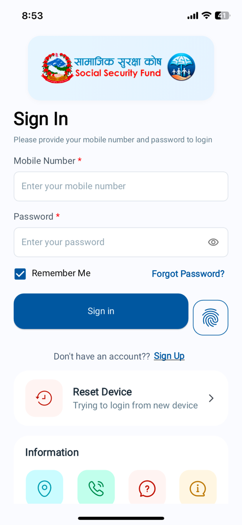 SSF - Nepal - Login screen of the SSF Nepal mobile app with fields for mobile number and password plus biometric sign in option