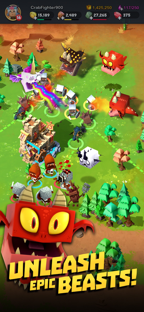 Kingdoms of HF - Dragon War - In game battle scene from Kingdoms of Heckfire showing stylized blocky dragons attacking a kingdom with text saying Unleash Epic Beasts