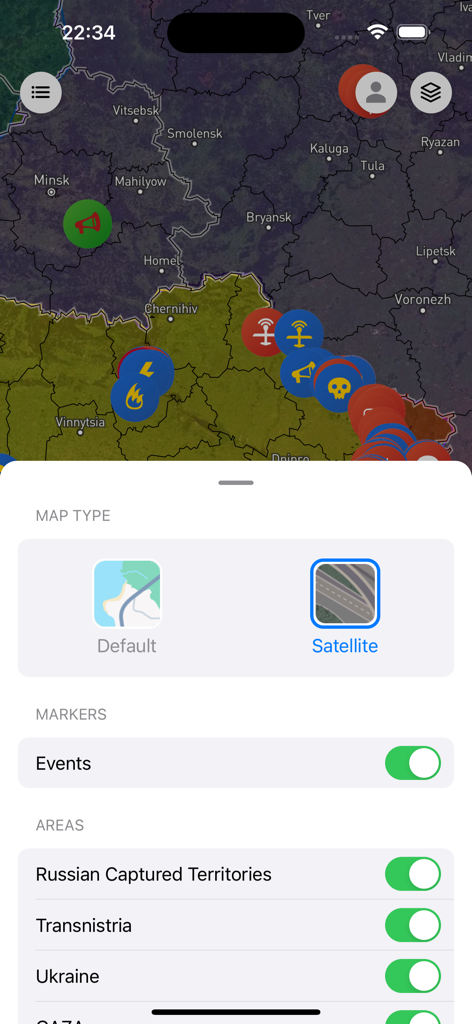 Military Summary app interface showing map layer settings and satellite view with conflict markers