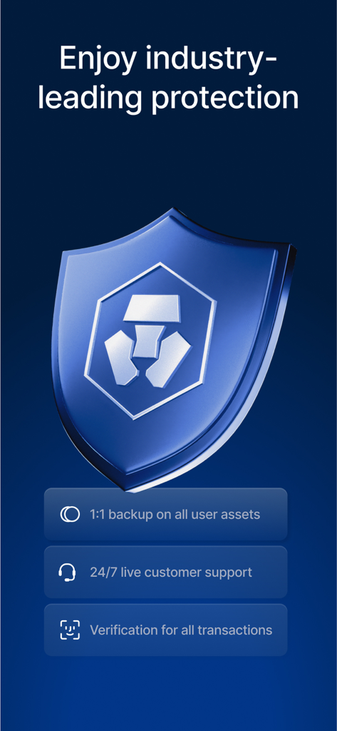 Tela do aplicativo Crypto.com apresentando recursos de segurança como backup de ativos 1:1 e suporte ao vivo 24 horas por dia, 7 dias por semana