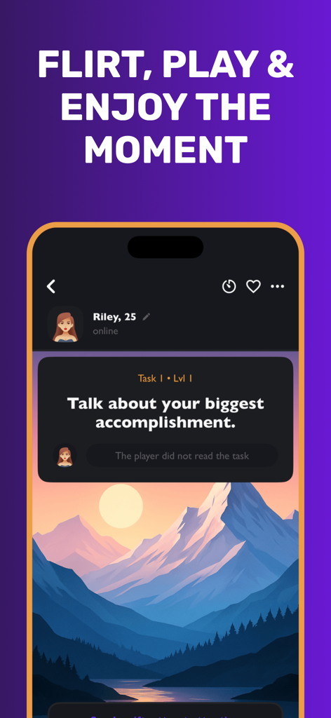 Lusya: Anonymous Dating App - Lusya app screen displaying a gamified chat interface with an icebreaker task and a stylized mountain background