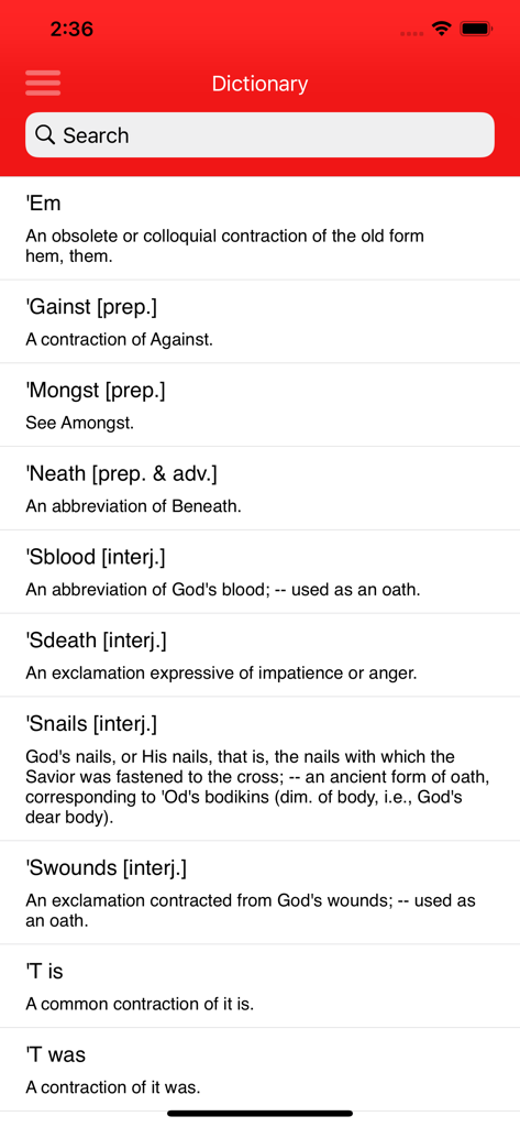 English Dictionary + Speaking - Screenshot of the English Dictionary app interface showing a list of words and their definitions