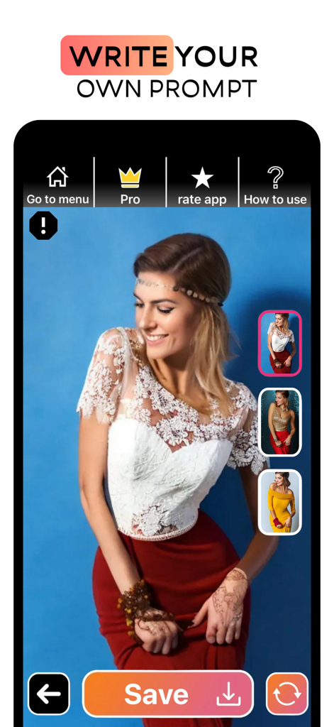 AI Dress App-Try on Clothes - AI Dress App interface showing a woman virtually trying on a white lace top and red skirt with custom prompt options.