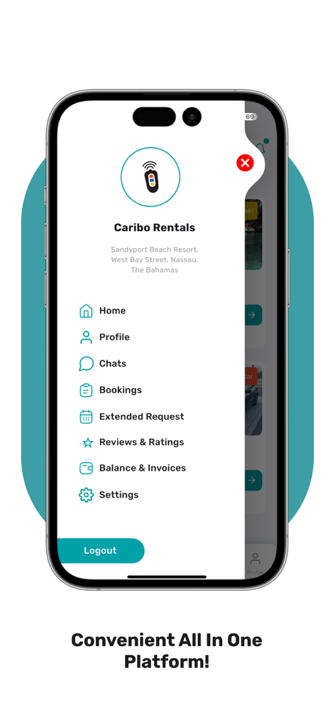 Caribo Bahamas - Caribo Bahamas 앱 인터페이스 (프로필, 예약 및 채팅 옵션이 있는 측면 탐색 메뉴 표시)