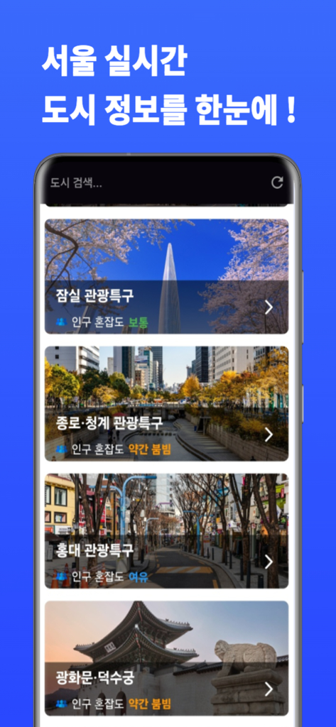 서울 실시간 혼잡도 - 서울의 주요 관광 명소에 대한 실시간 혼잡도를 보여주는 모바일 앱 인터페이스