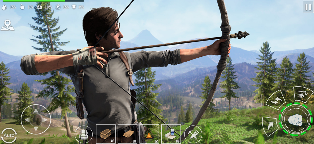 Woodcraft Survival Island Game - A survivor aiming a bow and arrow in a forested mountain landscape.