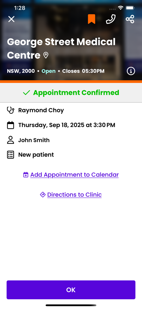 EasyVisit - EasyVisit app screen showing a confirmed medical appointment at George Street Medical Centre