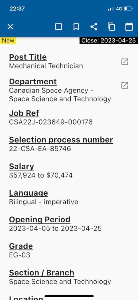 Un anuncio de trabajo detallado para un Técnico Mecánico en la Agencia Espacial Canadiense que muestra información salarial y de fecha límite en la aplicación Empleos del Gobierno de Canadá.