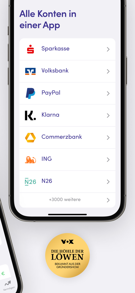 Schermata dello smartphone dell'app Finanzguru che mostra un elenco di conti bancari e di pagamento integrati come Sparkasse e PayPal.