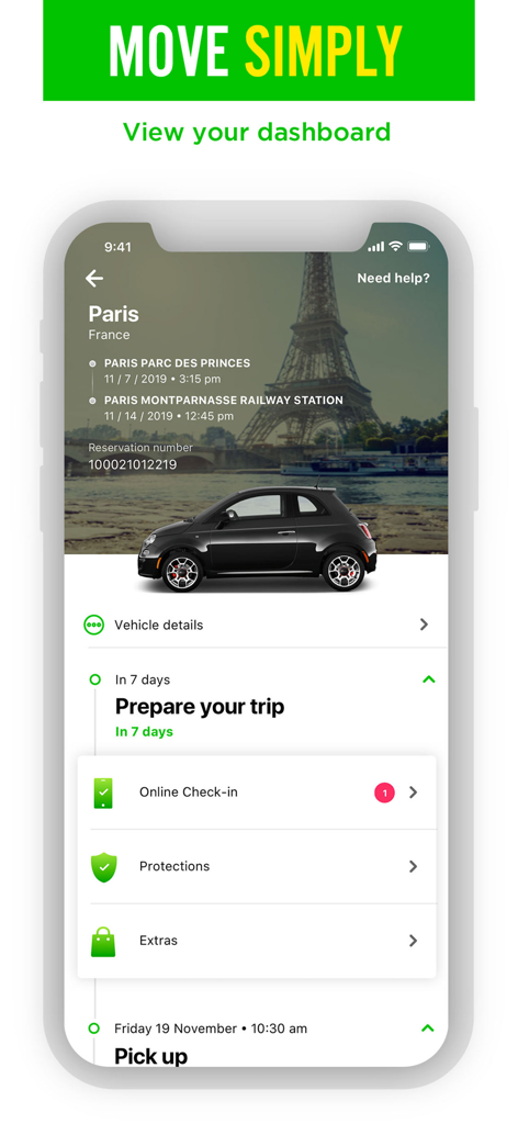 Painel da aplicação móvel Europcar exibindo uma reserva de aluguer de carro em Paris