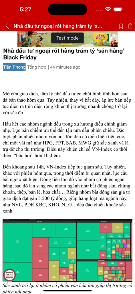 Báo Điện Tử - Đọc báo online - Un artículo de noticias en vietnamita sobre inversiones en el mercado de valores y un gráfico de mapa de calor financiero en la aplicación Báo Điện Tử.